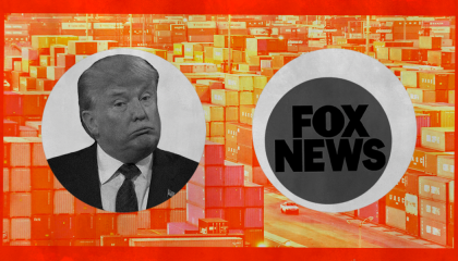 An image showing Donald Trump and the Fox News logo with cargo containers in the background