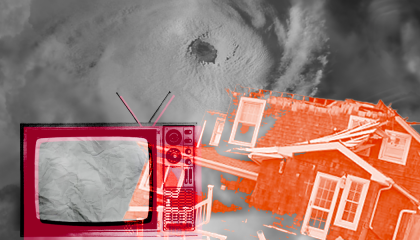 images of tv and house over hurricane background 