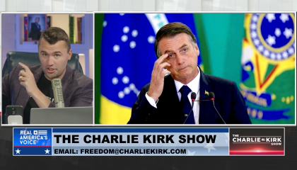 Charlie Kirk on his podcast next to a still image of Jair Bolsonaro, 3/27/25