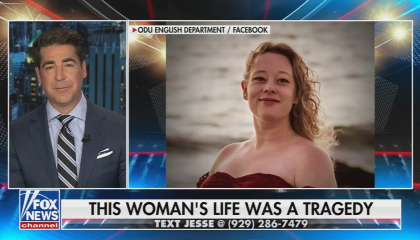 Screenshot from Jesse Watters Primetime with a photo of Renee Nicole Good and a chyron reading, "This woman's life was a tragedy"