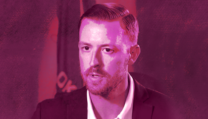 Faded image of Ryan Walters overlayed on a purple backgrouund