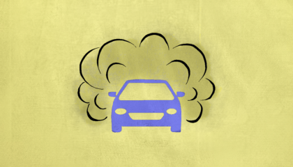 purple car with pollution cloud coming out of the back