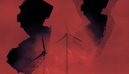 red background with wind turbine over New Jersey