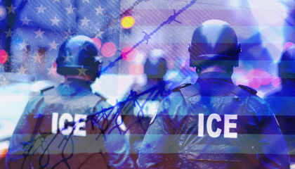 Ice officers; image of the US flag over them