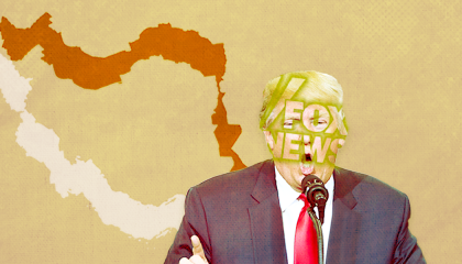 Trump w/ Fox News logo over outline of Iran