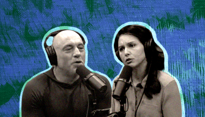 Joe Rogan and Tulsi Gabbard in front of a blue background