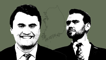 Charlie Kirk and Jack Posobiec in front of a map of South Korea