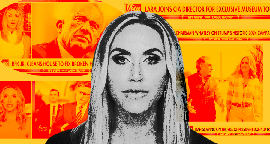 Lara Trump in front of stylized images in orange and red from her Fox News show