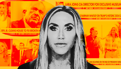 Lara Trump in front of stylized images in orange and red from her Fox News show