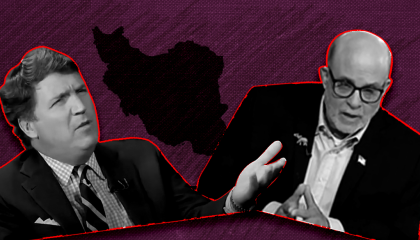 Tucker Carlson and Mark Levin in front of a map of Iran