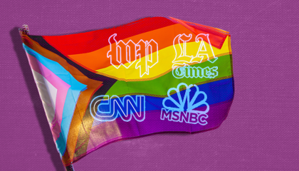A progress pride flag in front of a purple background with white lineart logos for the Washington Post, LA Times, CNN and MSNBC