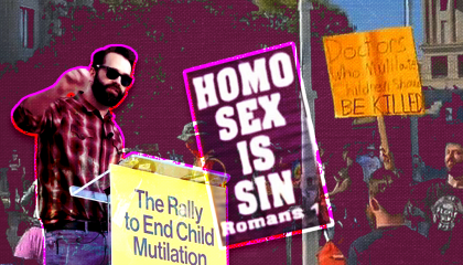 graphic of Matt Walsh speaking with signs behind him 