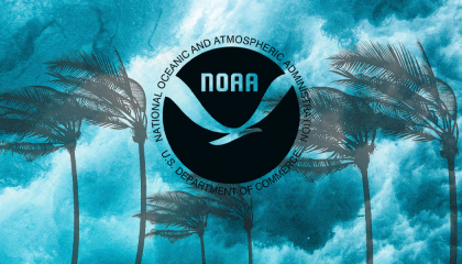 NOAA logo with hurricane in background 