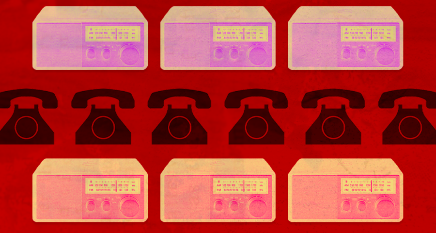 Phones and radios with red background