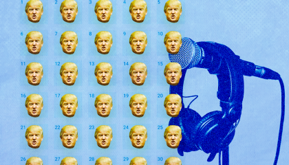 dozens of tiny trump heads form a square against a blue background with the outline of a podcaster's head in the distance