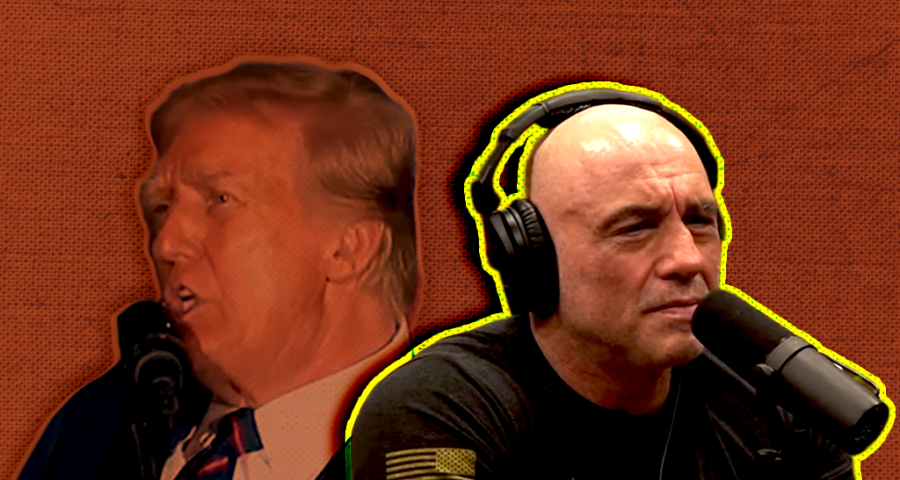 Headshots of Trump and Rogan in front of microphones on a red background