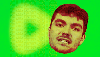 The Rumble logo next to Fuentes' face on a green background 