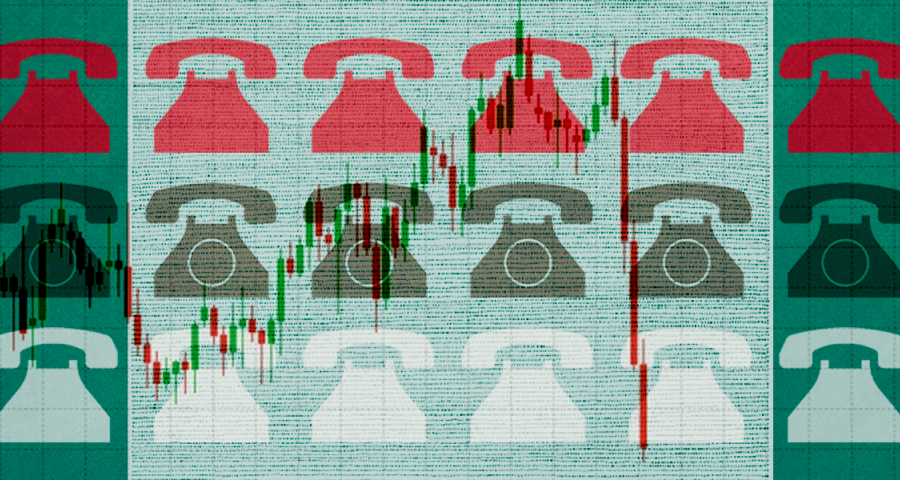 Rotary phones with a chart showing the stock market dip