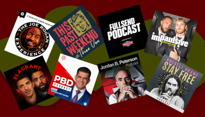 Logos of Apple Podcast logos of right-leaning comedy shows 