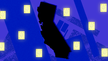 image of the outline of california surrounded by ballots on a purple background