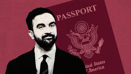 Zohran Mamdani with a U.S. passport in the background