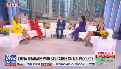 Outnumbered discussing Trump tariffs while a chyron reads about China's retaliation