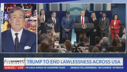 Newsmax screenshot with chyron reading, "Trump to end lawlessness across America"