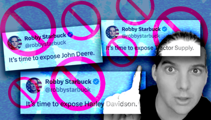 A black and white portrait of conservative influencer Robby Starbuck wagging a finger, overlaid with screenshots of his Tweets "exposing" different companies, all with several general prohibition signs overlaid
