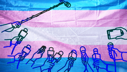 Lineart of microphones over a trans flag
