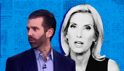 Stylized still images of Donald Trump Jr and Laura Ingraham, with a blue background.