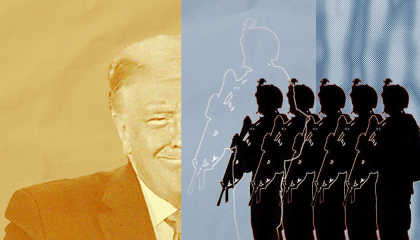 Donald Trump's face next to soldiers