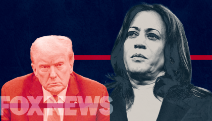 Donald Trump and Kamala Harris next to the Fox News logo