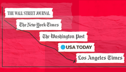 Logos of The Wall Street Journal, The New York Times, The Washington Post, USA Today, and the Los Angeles Times shown over a line graph tending down, with a red background