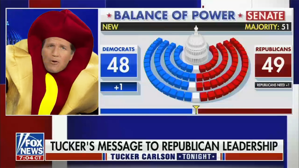 Tucker Carlson in the hot dog meme costume