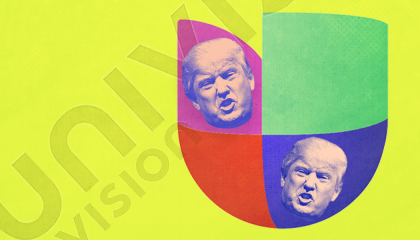 Trump face on Univision's logo over a bright yellow background 